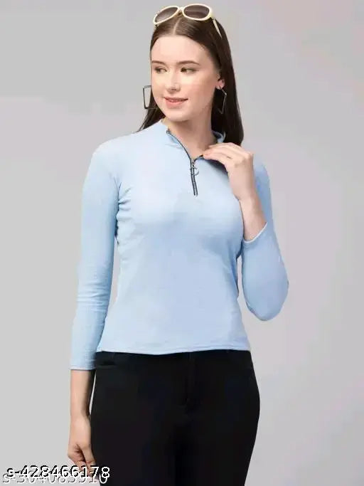 Long-sleeve cotton blend zip top, solid pattern from Unique Garments. Women's size S-L, India origin