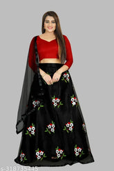 Black satin and net embroidered lehenga choli set with dupatta, featuring floral patterns and ethnic motifs. Ideal for weddings or festivities. Semi-stitched (lehenga waist size: 42m, length: 42m, dupatta length: 2.25m). Indian handcrafted bridal lehenga choli set