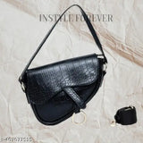 Black PU textured structured sling bag for women and girls, compact and adjustable belt, ideal for various occasions