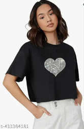 Black oversized-crop cotton t-shirt with sparkling rhinestones for women, ideal for party wear