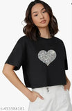 Black oversized-crop cotton t-shirt with sparkling rhinestones for women, ideal for party wear