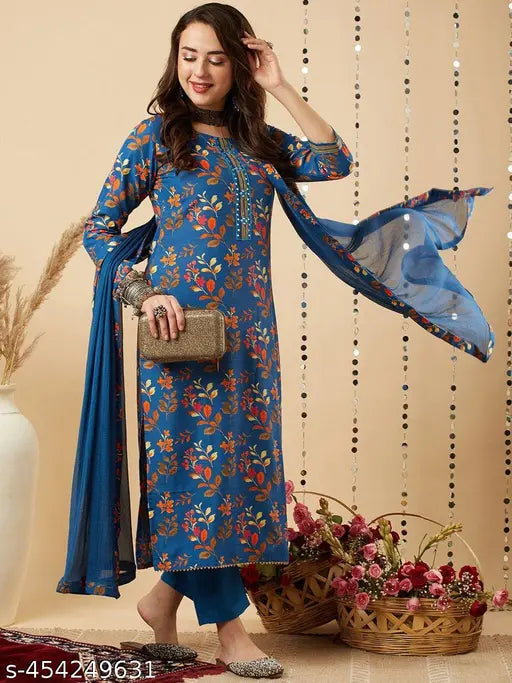 Flower print rayon kurti dupatta set with three-quarter sleeves, ideal for festive occasions and everyday wear. Premium fabric, best fit for women