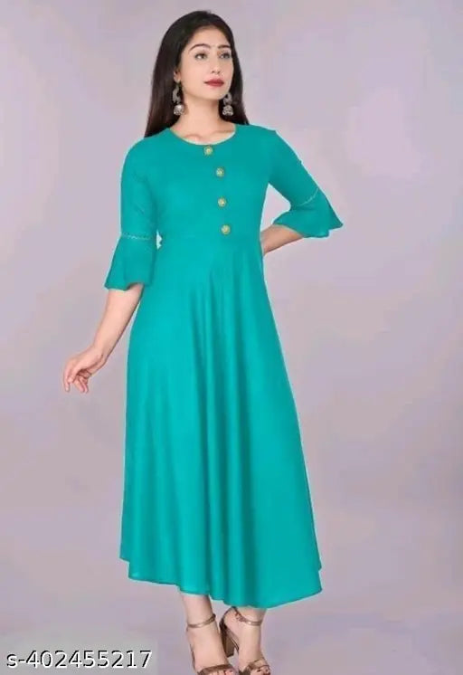 Women's Rayon Anarkali Kurti, solid color, three-quarter sleeves, suitable for parties and casual events. Rayon gown also available, India origin