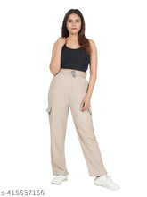 Polycotton maxi length cargo-style pyjama pants by FLOSEE, women's free size with drawstring adjustment, solid color design, 4 pockets for casual wear
