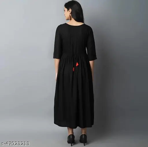 Rayon embroidered long kurti for women, three-quarter sleeves, vibrant Indian design in size S (36in bust, 48in length)