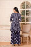 Blue rayon Rashi Kurta set with sharara and dupatta, intricate embroidery, A-line design for occasions