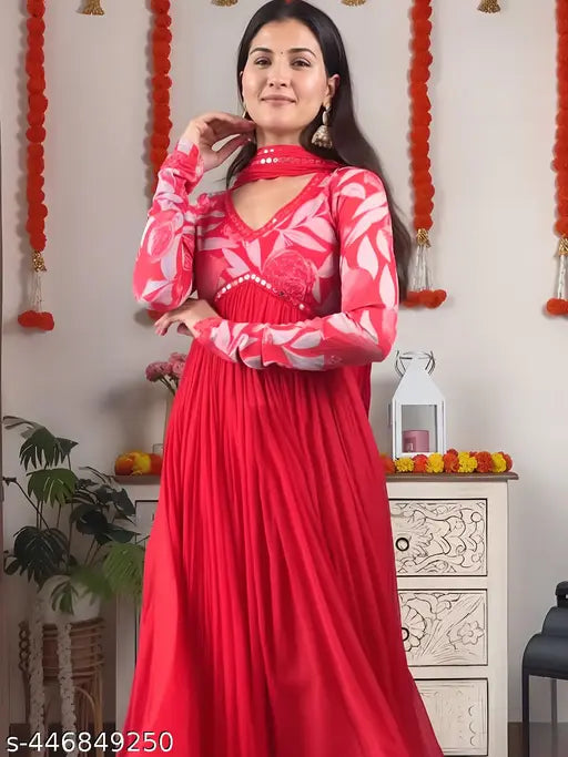 Elegant red Georgette Anarkali kurta with floral print & dupatta, perfect for festive occasions