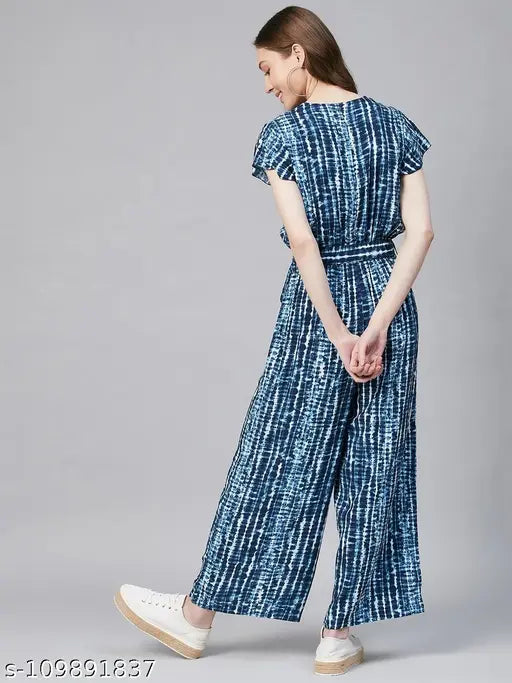 Blue tie-dye rayon jumpsuit for women, short sleeves, printed pattern