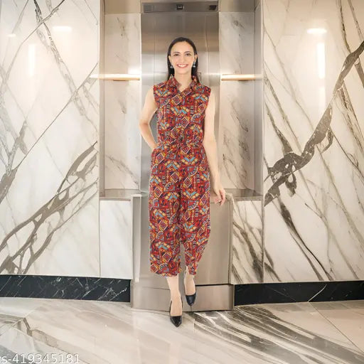 Multicolor printed crepe jumpsuit, poly crepe fabric, short sleeves, vibrant print - Pearl N Vera women's fashion wear on display