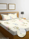 Cream cotton elastic fitted bedsheets, double king size with 2 pillow covers, floral print, supersoft 220TC, ideal for summer