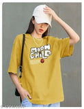 Oversized yellow cotton-blend t-shirt with Moon Child print, short sleeves, biowash, XS-XXL