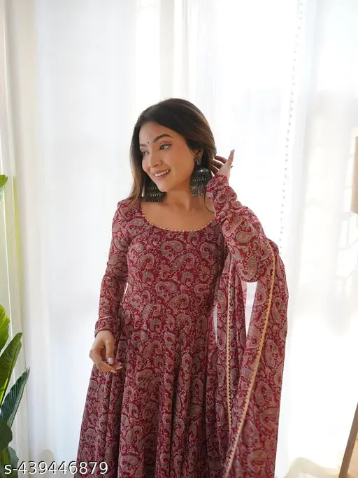 Women's printed Georgette Anarkali Kurta with attached dupatta - Indian ethnic wear in long sleeve, fitted bodice style, available in sizes S-XXL