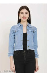 Denim jacket, solid preety designer in long sleeves, made in India, size options: L (bust 38in, length 21in), XL (bust 40in, length 21in)