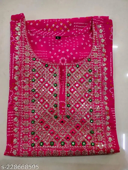 Rayon pink Bandhej thread work yoke kurti, three-quarter sleeves, self-design, embroidered, festive wear for Indian occasions and office