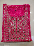 Rayon pink Bandhej thread work yoke kurti, three-quarter sleeves, self-design, embroidered, festive wear for Indian occasions and office