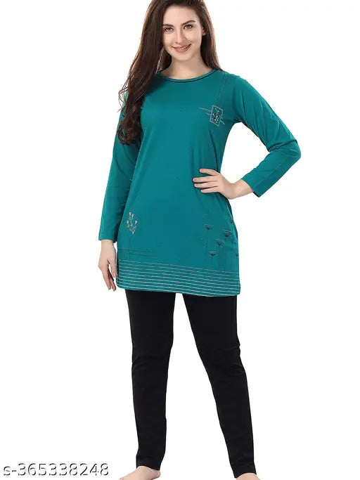 Cotton Women's Floral Printed Night Suit, long sleeves, printed pattern, XXXL size (bust 42in), India origin