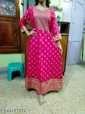 Pink rayon Anarkali kurti with three-quarter sleeves and printed combo, women's traditional Jaipur style fashion on mannequin
