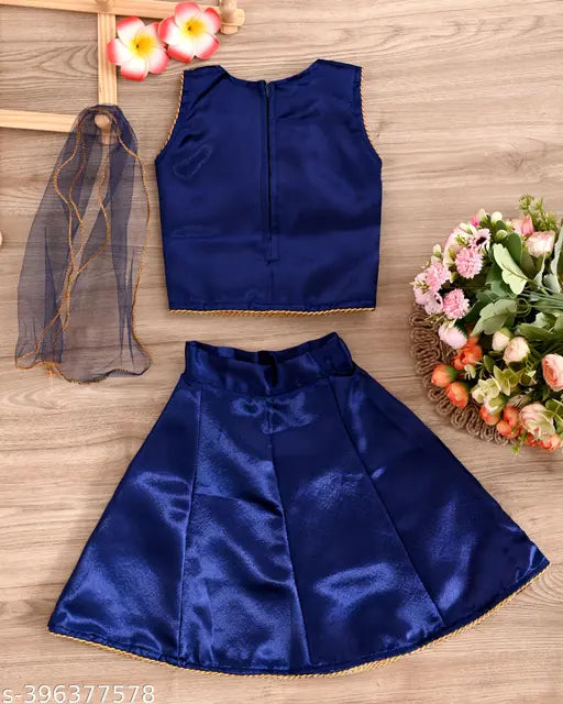 Cotton silk lehenga cholis set with embroidered patterns, sleeveless and stitched net dupatta. Indian traditional wear for 12-18, 18-24 months, or 1-2 years old