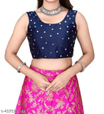 Soft silk and art silk traditional Lehenga Choli collection for girls, featuring a semi-stitched Banarasi Jacquard Silk Lehenga with matching heavy brocade fantom silk blouse and chanderi silk dupatta. Available in sizes 8-15 years and free size up to waist 42 inches and length 42 inches. machine washable, origin India