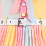 Multicolor Georgette tie-dye 3/4 sleeve baby dress with detachable belt, vibrant design for 1-2 to 5-6 years