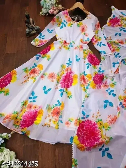 White printed Georgette gown with three-quarter sleeves, Indian origin fashion wear for women