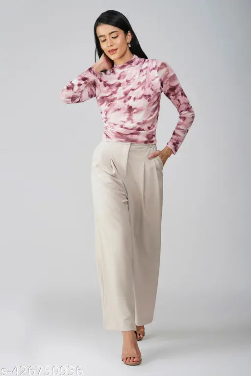 Green and beige printed net full sleeves round neck mesh top for women, high neckline, long sleeves, lightweight breathable fabric, semi-formal occasion wear, India