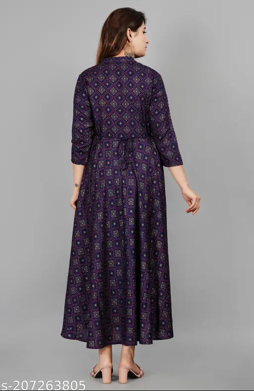 Blue printed full-flared Anarkali kurti, viscose rayon, three-quarter sleeves, vibrant Indian fashion on mannequin