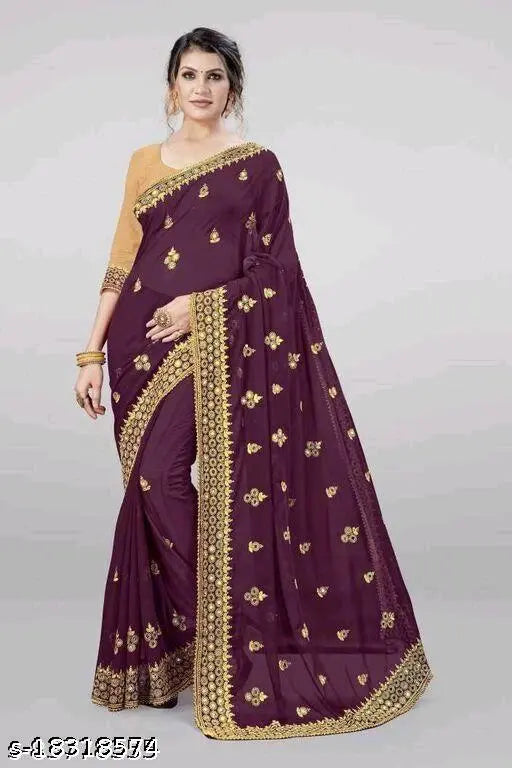 Embroidered mirror work cotton saree with solid net running blouse, trendy Indian fashion on mannequin