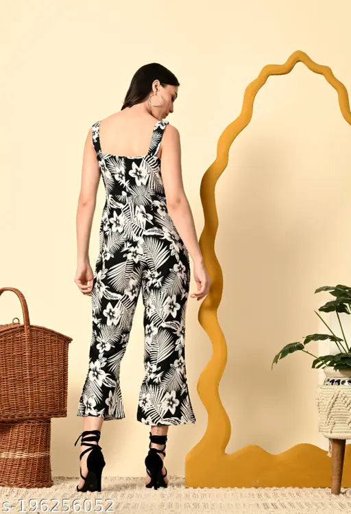 Black printed jumpsuit by AAIAVN, sleeveless crepe material with a net pattern. Women's size: S-XXL, originates from India