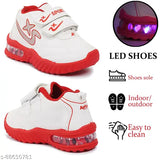 Red LED casual shoe for kids, slip-on style with memory foam insole and flexible non-skid sole. Ideal for parties, dance, music festivals, and celebrations like Halloween, Christmas, or birthdays. Suitable for all seasons. Made from leather sole and EVA material. Origin: India