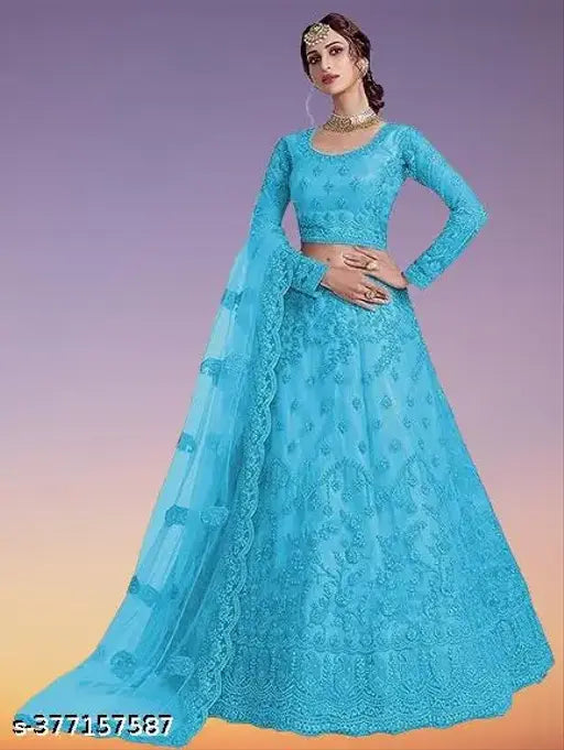 Embroidered net lehenga in sky, semi-stitched, 42m waist, 44m length, 2.2m dupatta, Indian embroidery on display