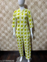 Cotton coords set, printed pyjamas with three-quarter sleeves. Soft, comfortable cotton fabric for easy wear. Elegant Indian-made co-ords perfect for lounging