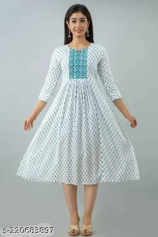 Rayon printed anarkali kurta with three-quarter sleeves, trendy design for women's festive wear, Indian origin