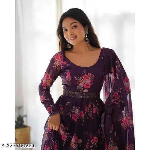 Multicolor Georgette Printed Gown with Dupatta for Women's Partywear, inner crepe fabric, ready to wear