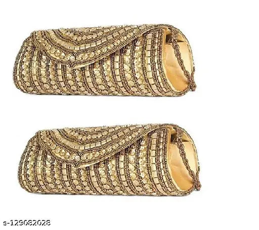 Indian-made embroidered net bridal hand clutches combo (2 pieces), durable fabric with floral design, perfect for makeup, phone, or wedding events