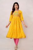 Yellow rayon kurti for women with side slits Naira cut - Perfect for festive and wedding wear