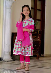 Pink cotton kids kurta set with rayon bottom and chiffon dupatta, three-quarter sleeves, printed pattern, India origin for cute girls party wear