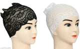 Black & White Lycra Self-Design Under Hijab Scarf (2 pcs) - Perfect for full head coverage under any hijab, origin India