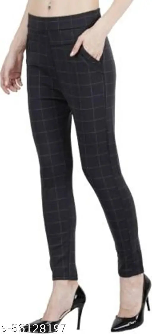 Printed net cotton blend fancy check jegging for women, 37 inch length, available in sizes 26, 28, and 30. Made in India