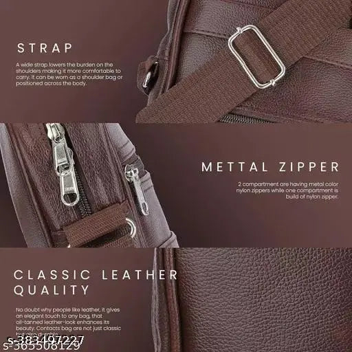 Brown faux leather men's sling cross body travel bag with self-design pattern, perfect for hiking or traveling. Adjustable shoulder strap for comfort. One compartment holds essentials. Made in India