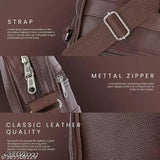 Brown faux leather men's sling cross body travel bag with self-design pattern, perfect for hiking or traveling. Adjustable shoulder strap for comfort. One compartment holds essentials. Made in India