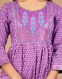 Purple embroidered rayon kurta with three-quarter sleeves and side slits, popular Indian women's fashion on mannequin