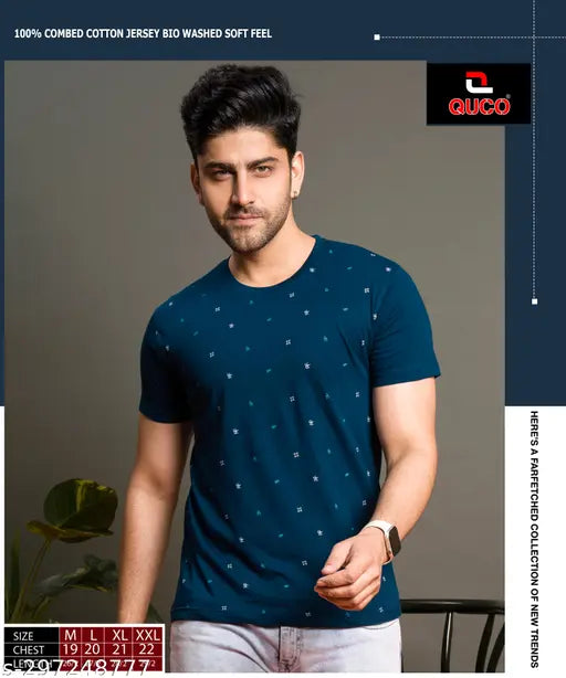 Cotton printed t-shirt, men's casual round neck, short sleeves, India