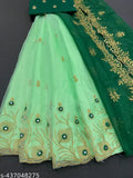 Embroidered Lehenga Choli and Dupatta set, best quality Dupion silk & net. Feather design mirror work, free size (44in waist, 43in length). Heavy Bangalore silk blouse with multi-thread work