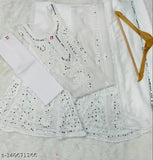 Lucknowi Chikankari Georgette & Chiffon Kurta Set with Sharara & Dupatta, M-XXXL, Mirror Work Gala Buti Design