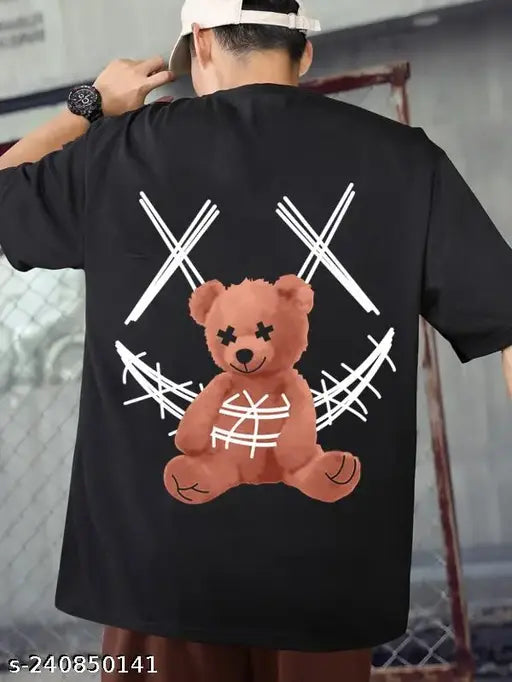 Black cotton blend oversized graphic printed Teddy T-shirt for men. Oversized fit, quality fabric, versatile style - Benny Brooks