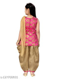Beige silk salwar suit set for girls, sleeveless printed kurta with net dupatta on display