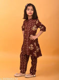 Brown rayon straight kurta and pant set for kids, printed with mandarin collar and three-quarter sleeves. A-line top with knee length, from India