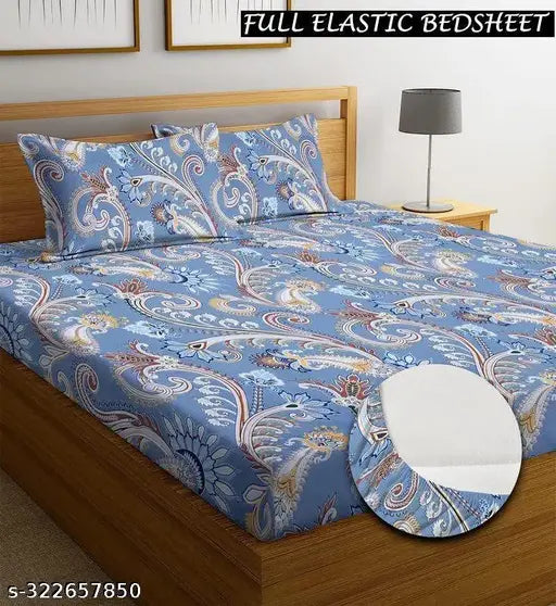 Cotton botanical-print, superfine fitted king size bedsheet with two pillow covers, ideal for summer, from Comfort Palace, India
