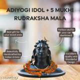 Handcrafted 5 Mukhi Rudraksha Mala with Adiyogi Miniature Statue, intricate religious idol from India, symbolizing spiritual growth and peace